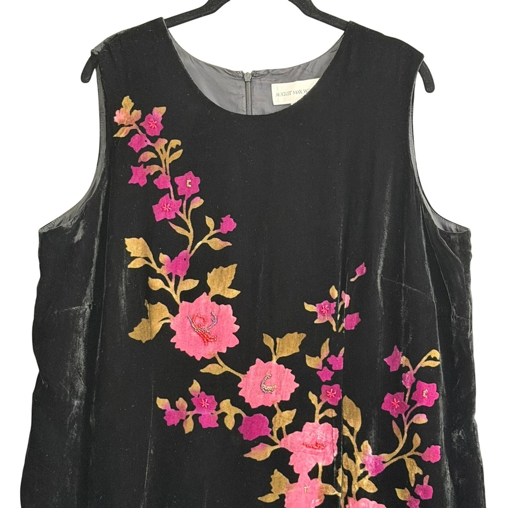 August Max Black Velvet Midi Dress with Pink & Gold Floral Embroidery